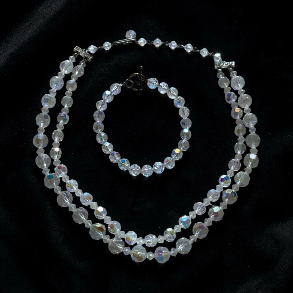 Crystal Aurora Borealis 2 strand Necklace Single strand bracelet set MCM Jewelry